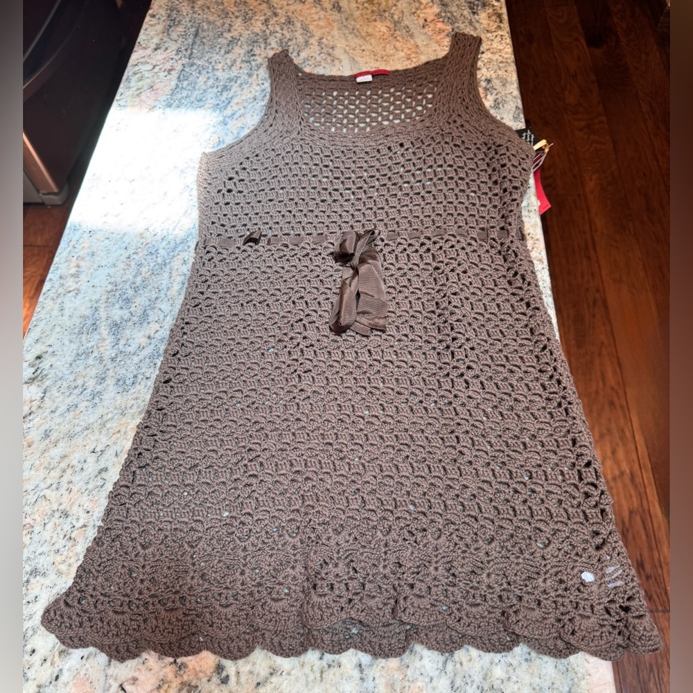 Anthropology Tapemeasure, Brown Crochet Knit Top with ribbon woven around waist